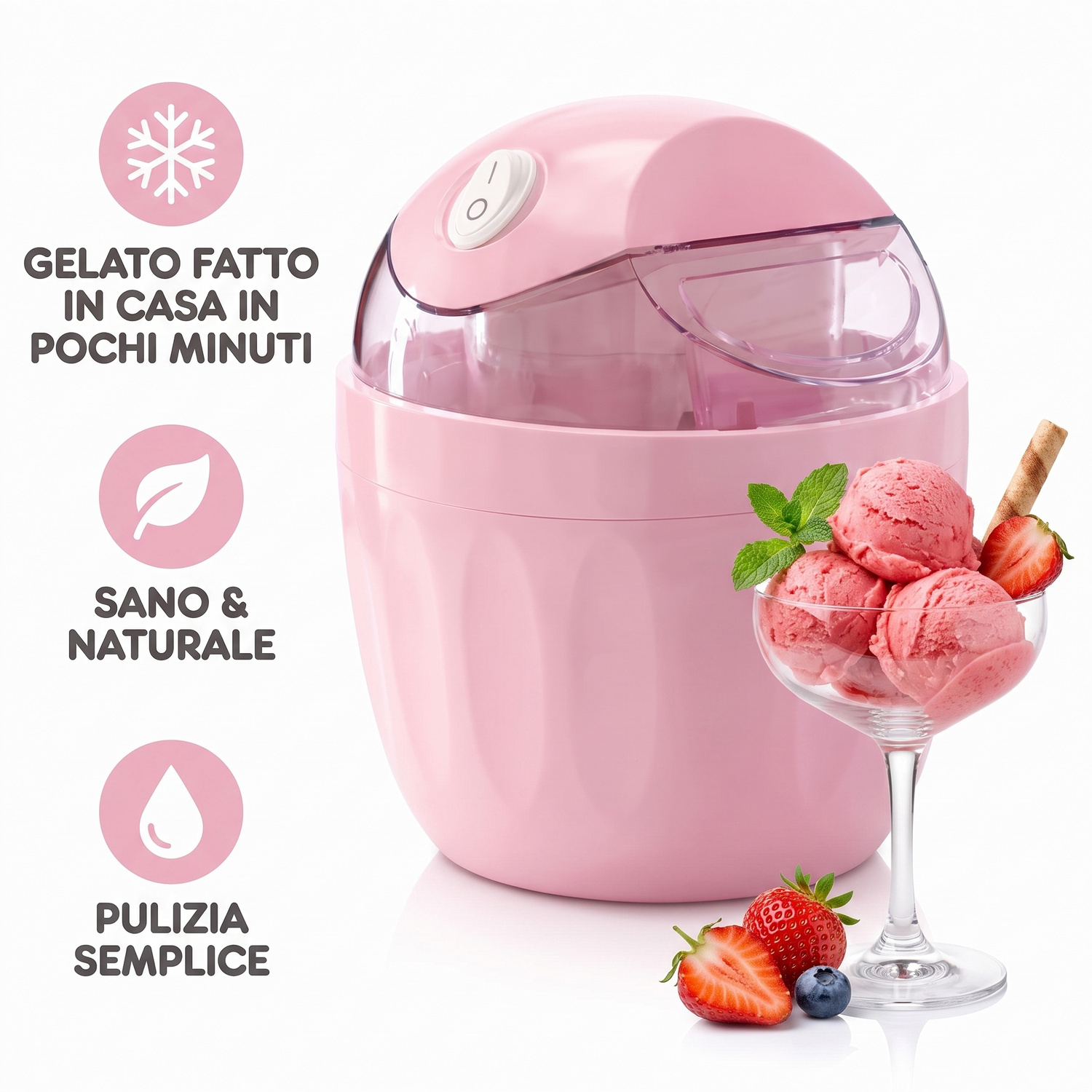 Gelatello mini macchina per gelato rosa su fondo bianco con coppa di gelato alla fragola