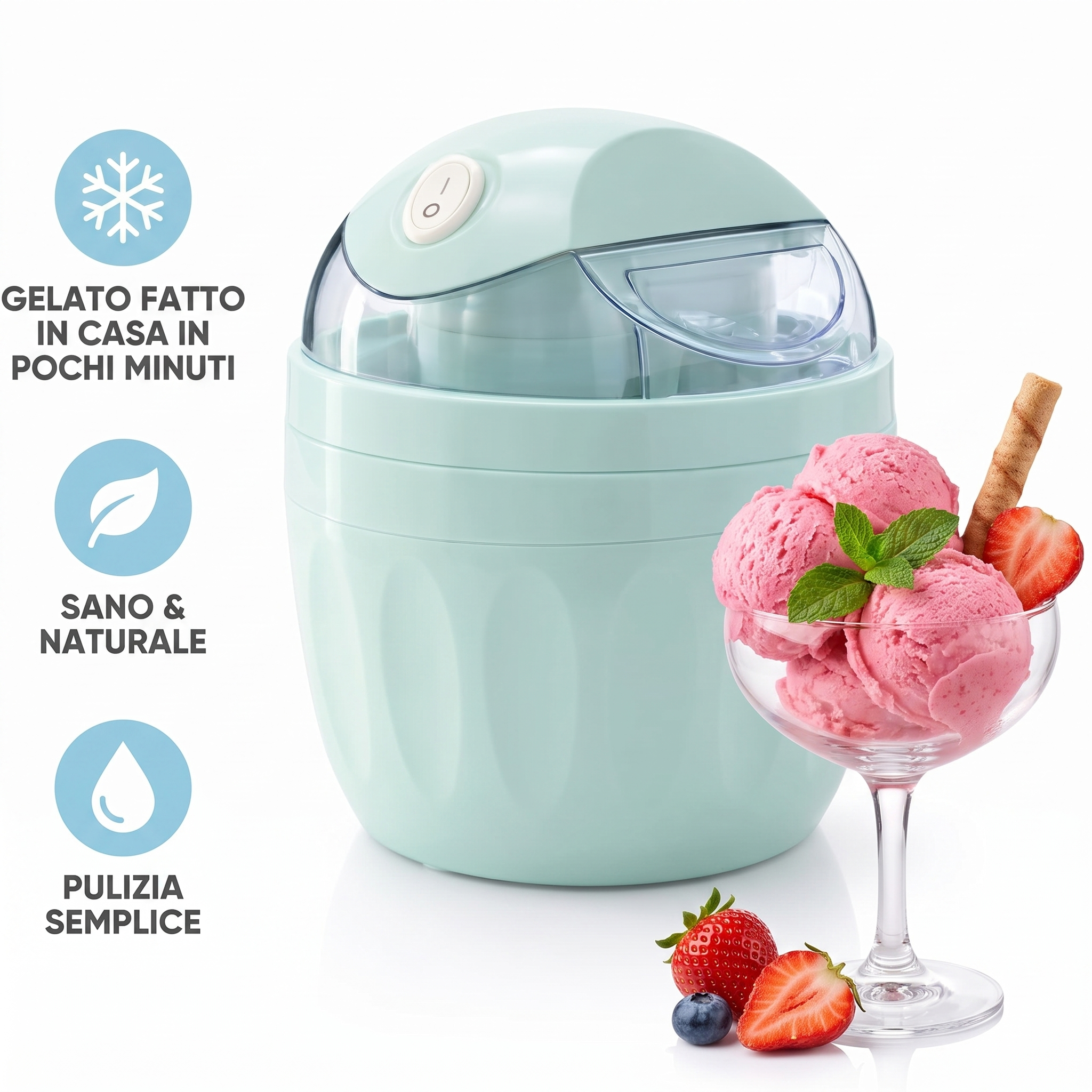 Gelatello mini macchina per gelato azzurra su fondo bianco, con coppa di gelato alla fragola: gelato fatto in casa in pochi minuti, sano e naturale, pulizia semplice