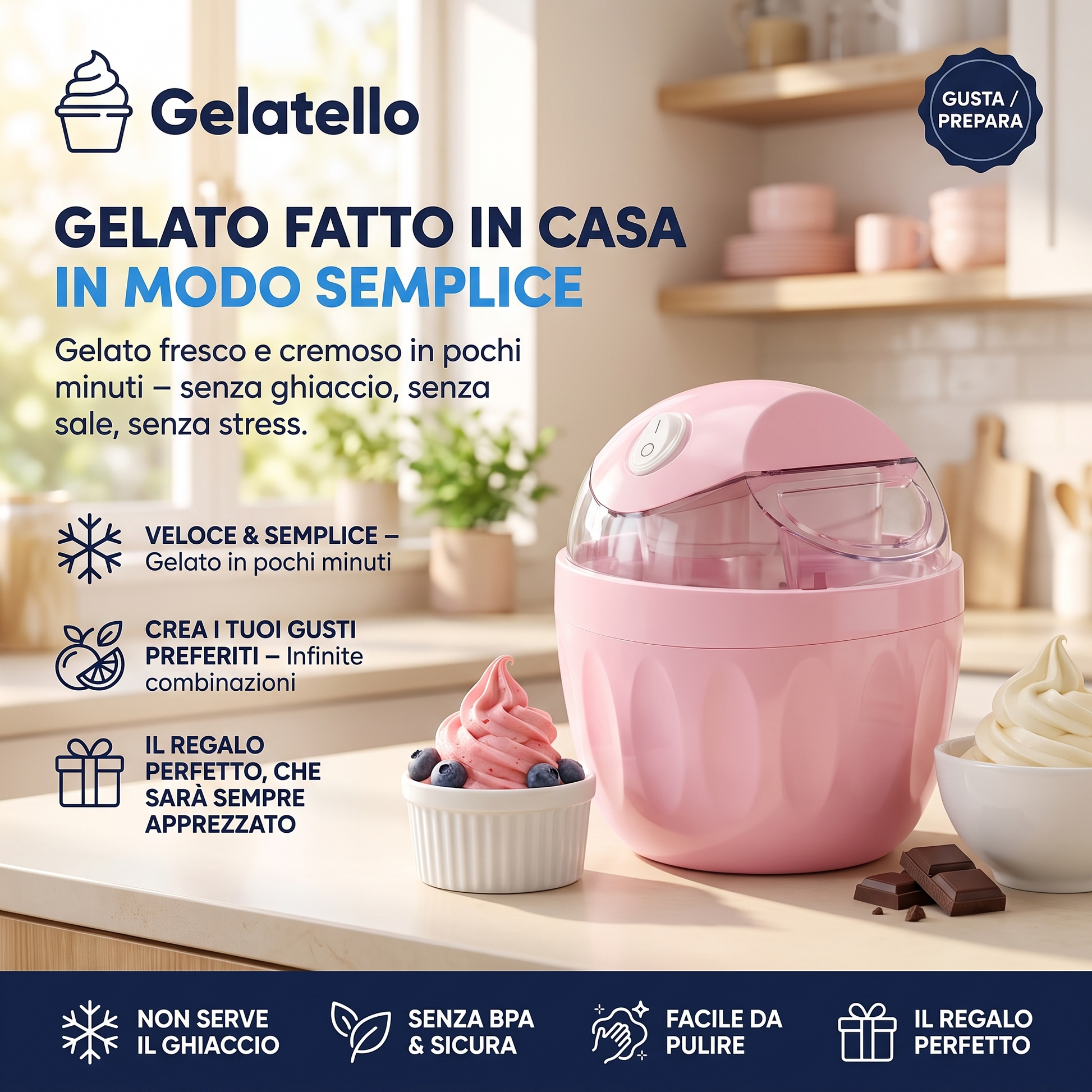 Gelatello in cucina con gelato alla fragola e alla vaniglia: gelato fresco e cremoso in pochi minuti, senza ghiaccio, senza sale, senza stress