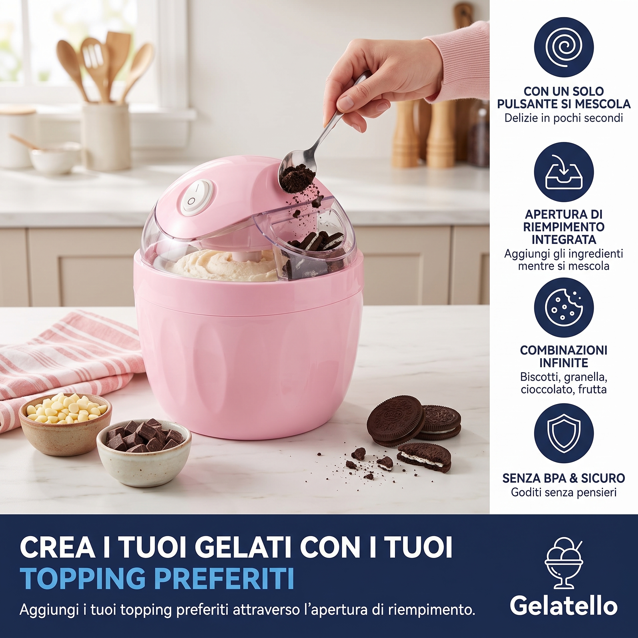 Aggiunta di biscotti al cioccolato nell'apertura di riempimento della Gelatello mentre mescola: combinazioni infinite di topping