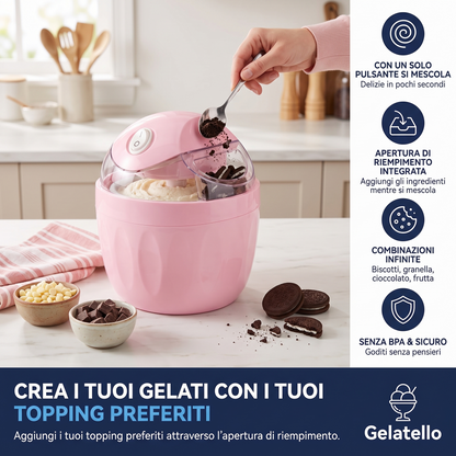 Aggiunta di biscotti al cioccolato nell'apertura di riempimento della Gelatello mentre mescola: combinazioni infinite di topping